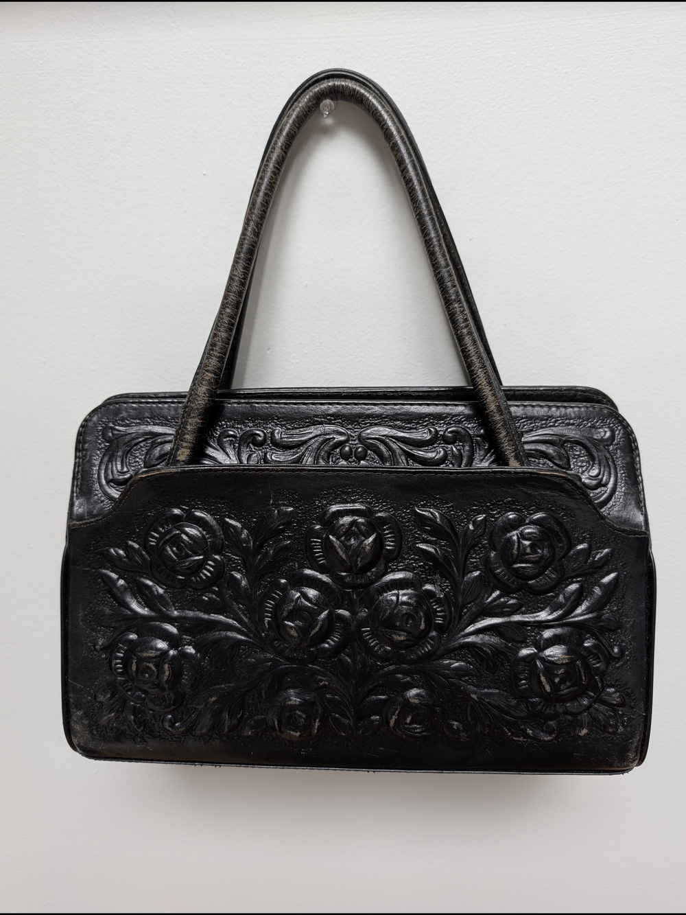 Vintage 1960s 1970s Mont-Abur Tooled Black Leather Handbag Floral Embossed